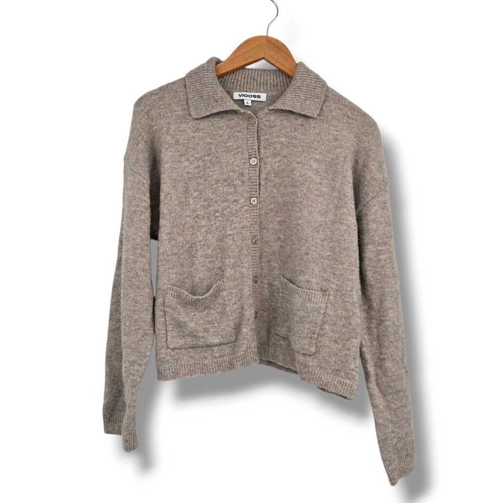 Vigoss Womens Oatmeal Heather Knit Button Front Polo Collar Cardigan Sweater L